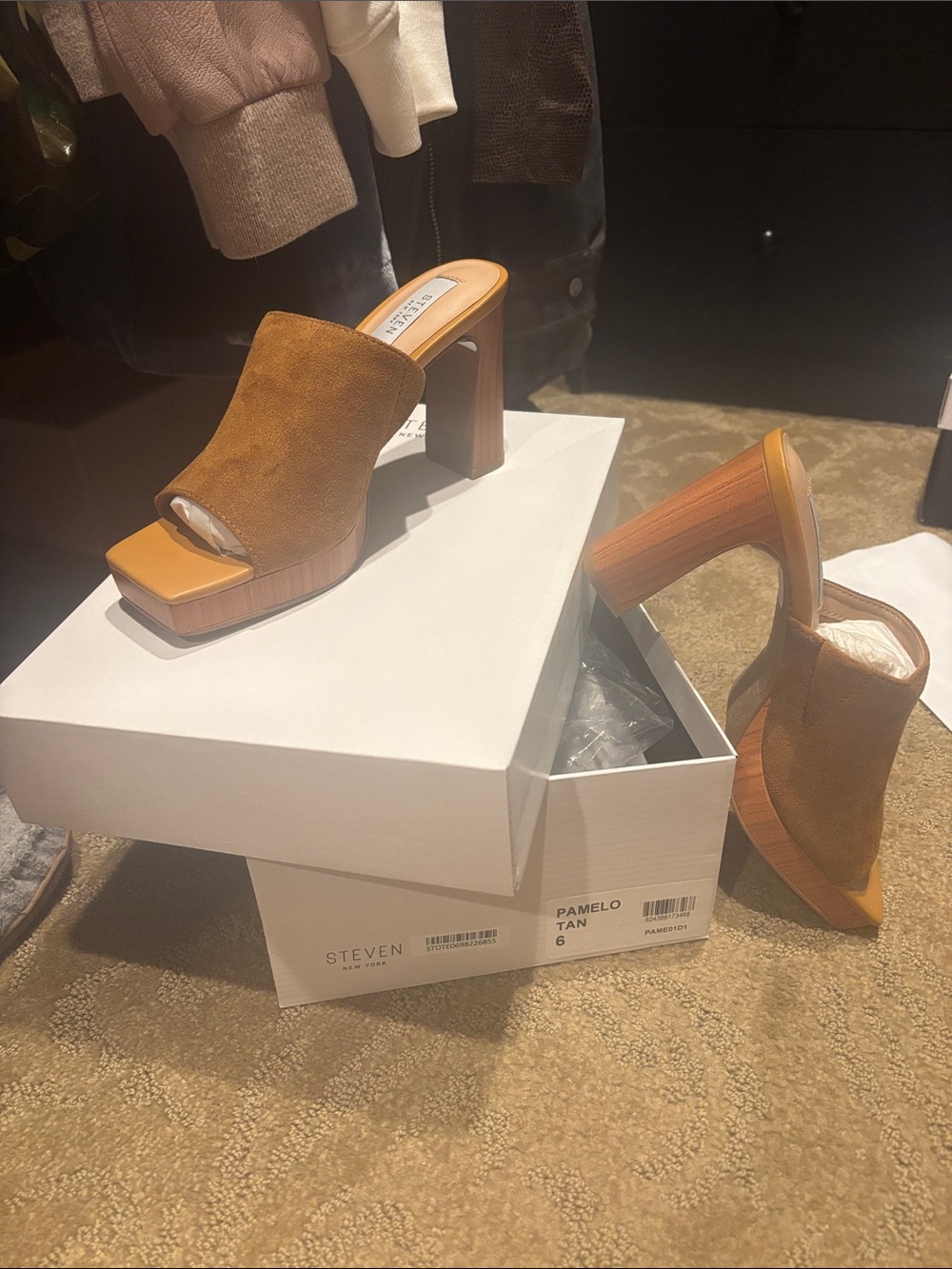 Steven New York  Tan Suede Platform Mule Heels with Wood-Look Block Heel